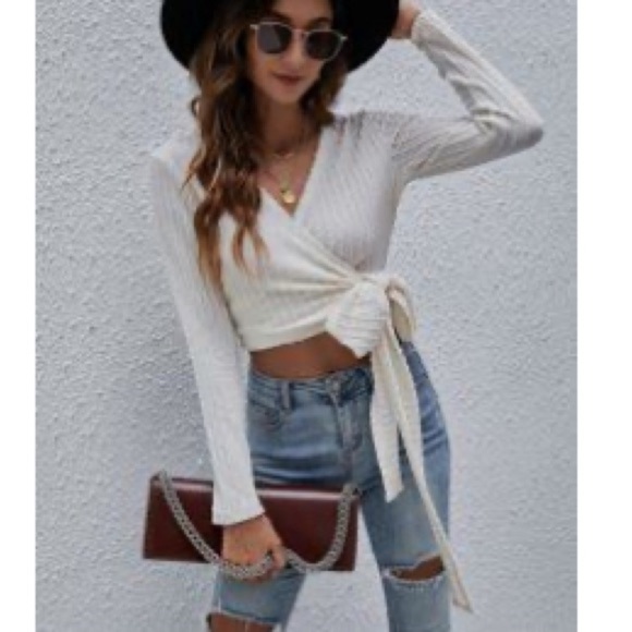 NWOT SHEIN Cream Ribbed Wrap Blouse Crop Long Sleeve Tie Front Top Size Small - Picture 3 of 6